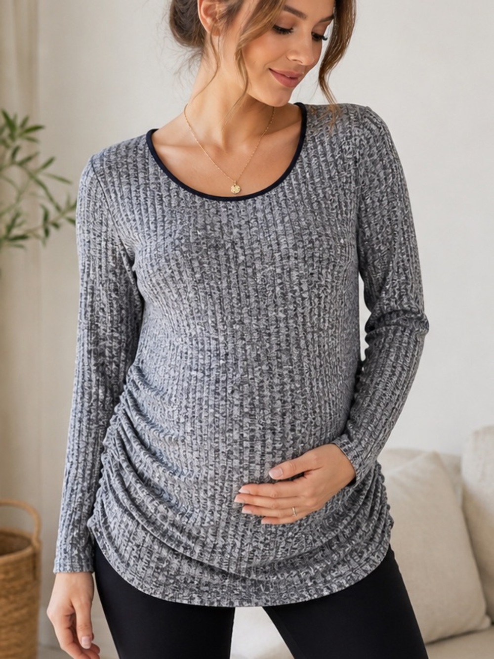 Belly by Design Maternity L Gray Ruched Long Sleeve Knit Top